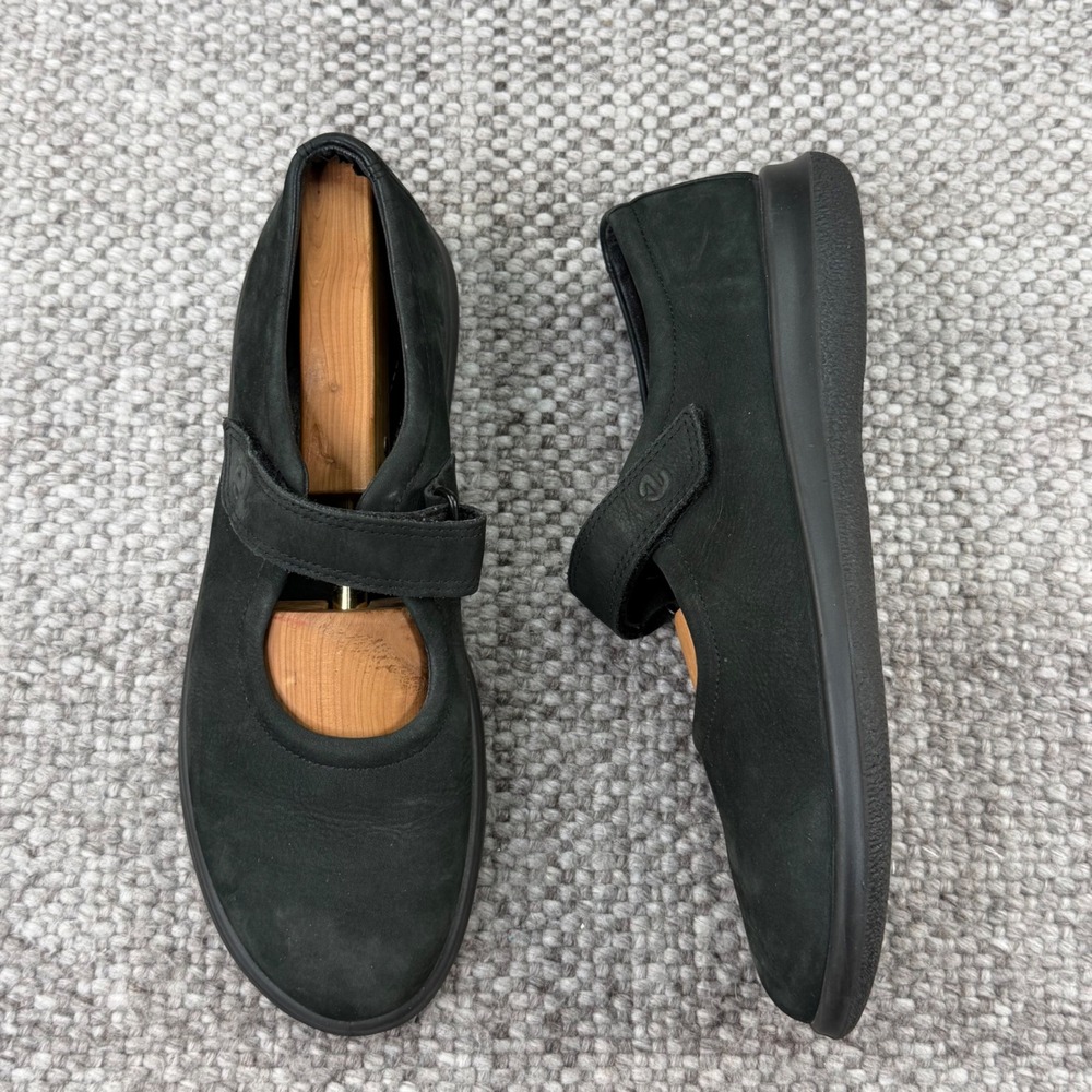 ECCO Mary Jane Flats Womens 42 Black Nubuck Leather Adjustable Strap Comfort